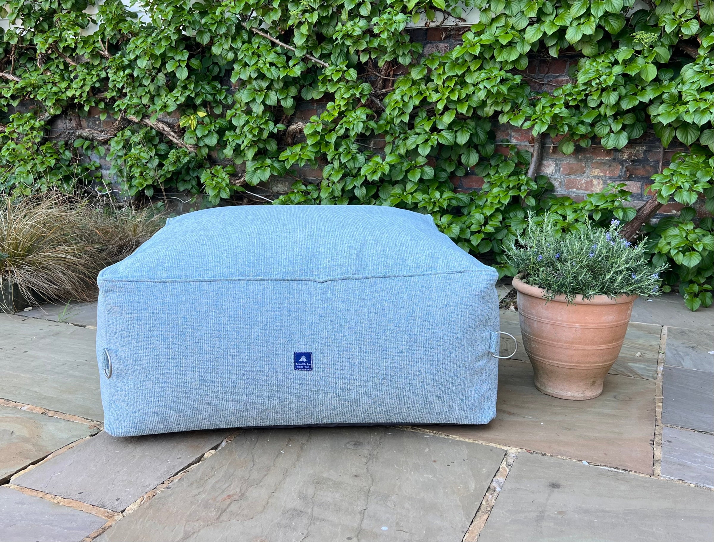 garden bean bag ottoman in seasrpay front on. 100% british-made, stain-proof, water-resistant with 5 year guarantee