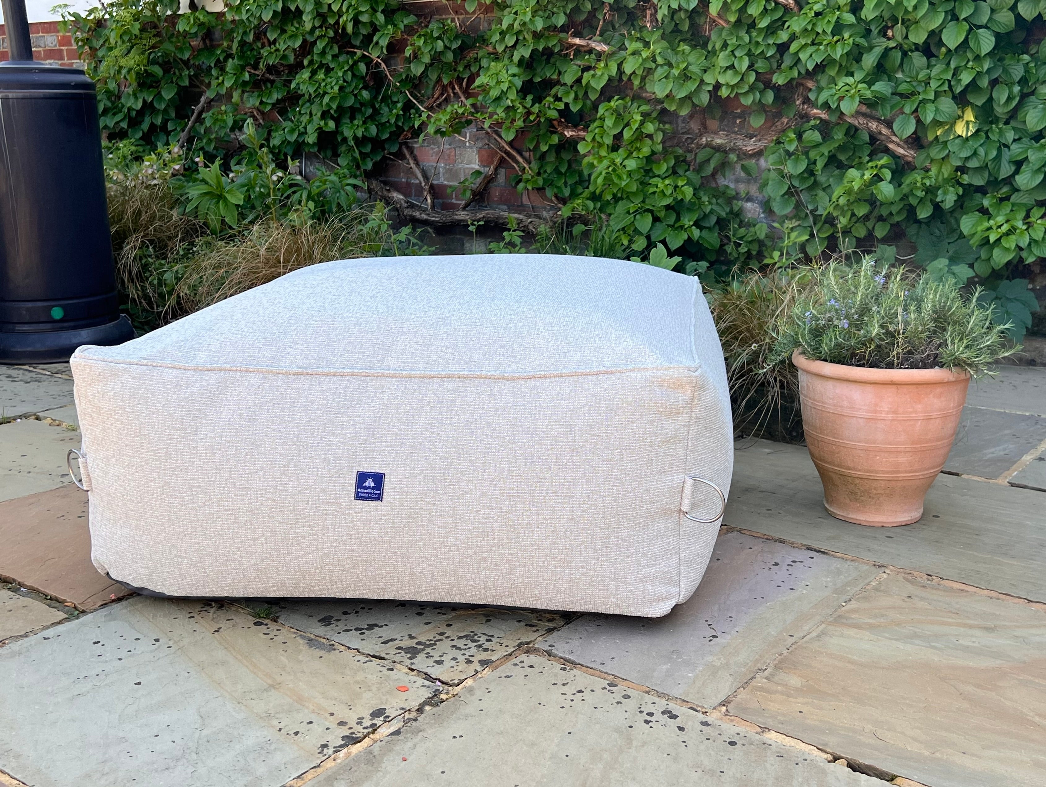 garden bean bag ottoman in shell. 100% british-made, stain-proof, water-resistant with 5 year guarantee