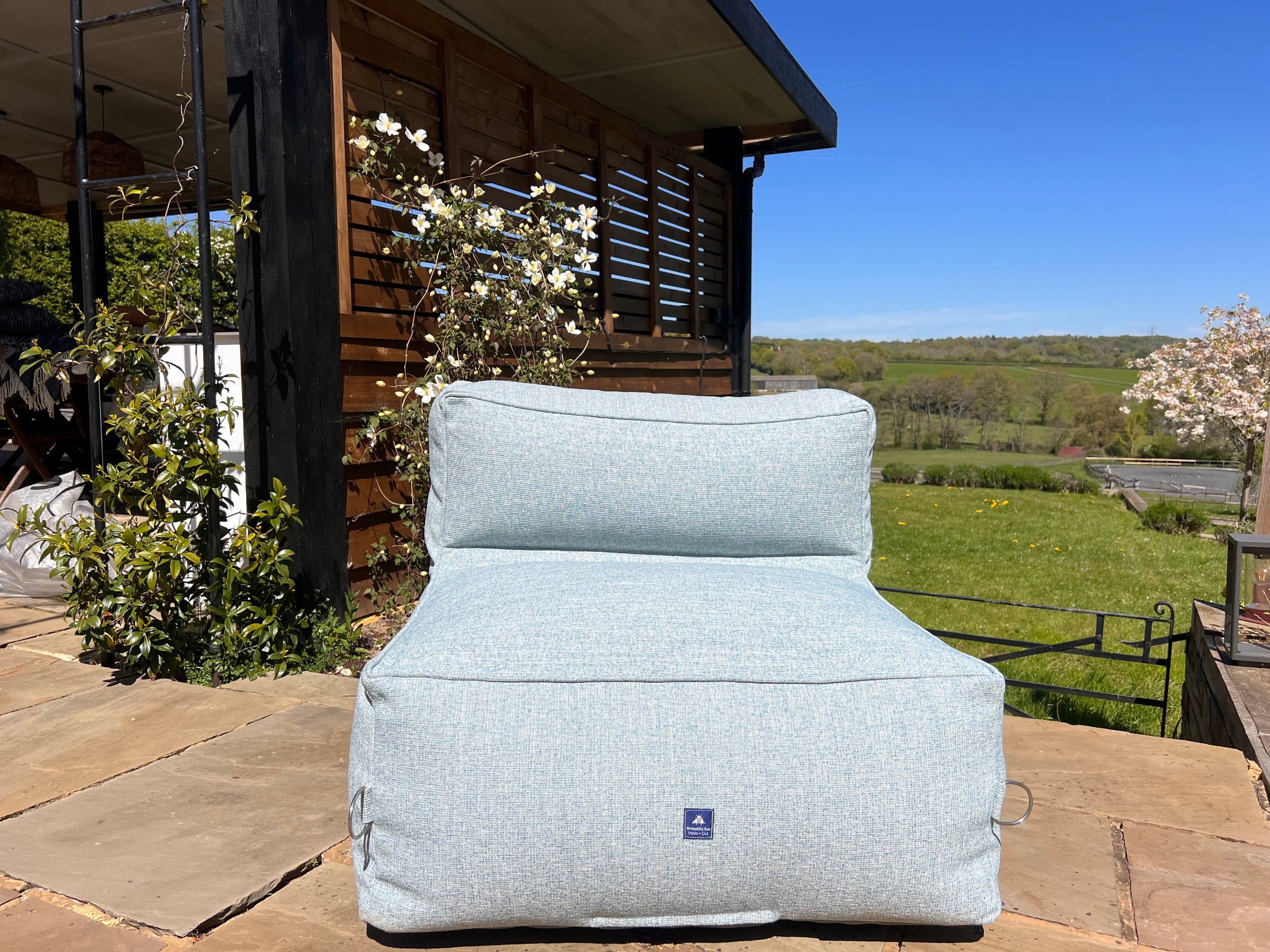Garden bean bag chair in sea spray. 100% british-made, stain-proof, water-resistant with 5 year guarantee