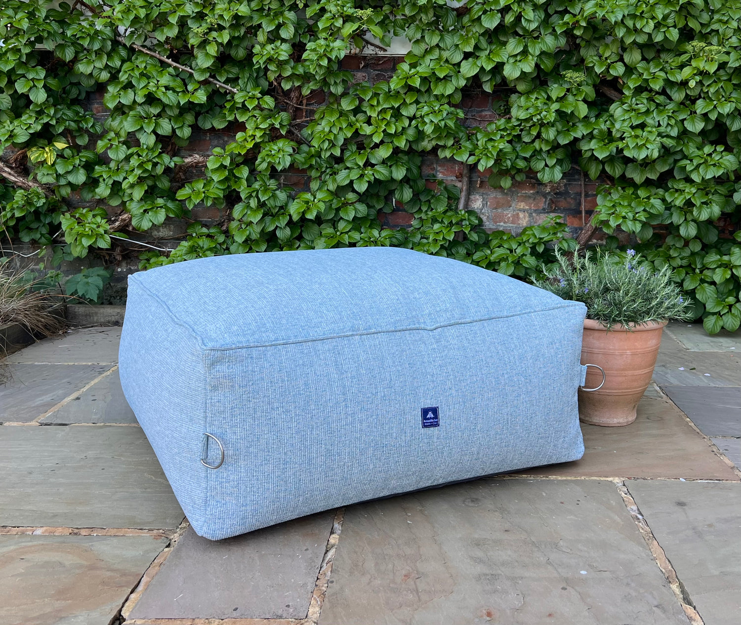 garden bean bag ottoman in seasrpay. 100% british-made, stain-proof, water-resistant with 5 year guarantee