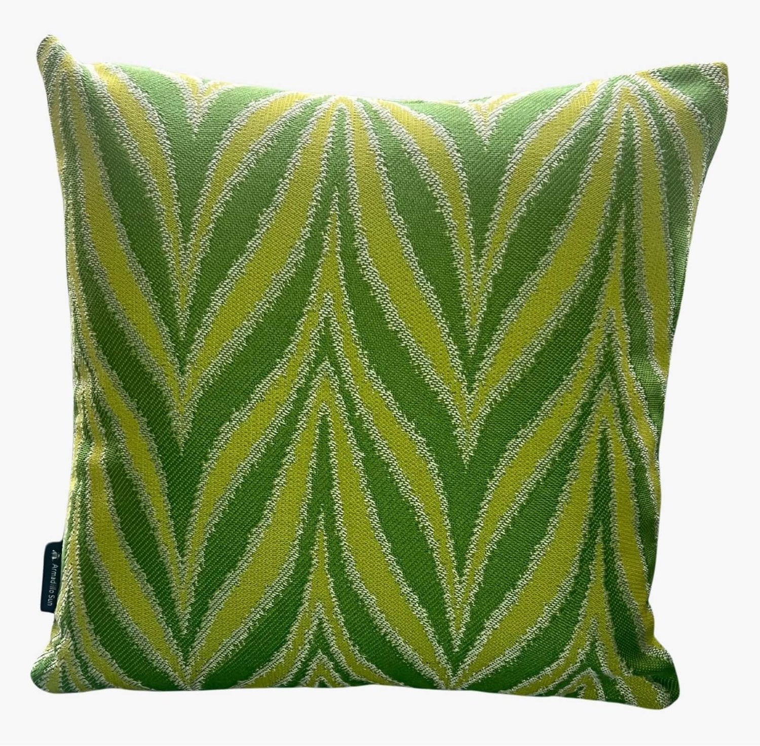 Green, yellow, and white cushion in a large flame pattern.