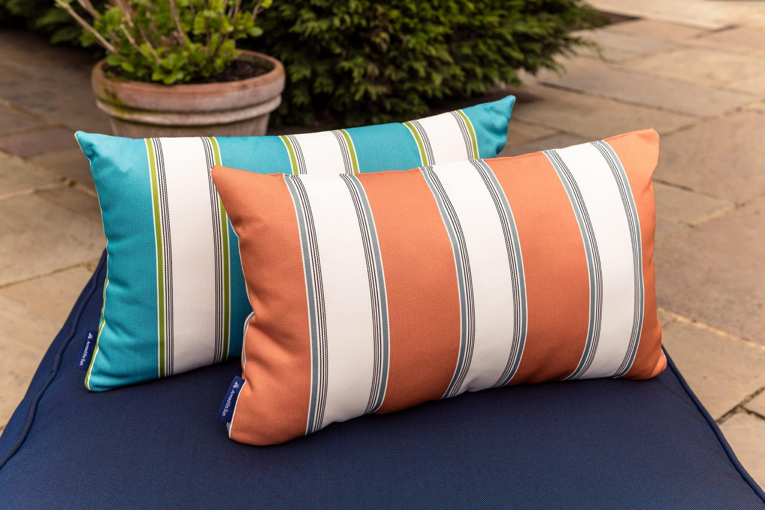 Luxury Summer Stripe in Orange, White and Ocean Outdoor Cushion - armadillosun